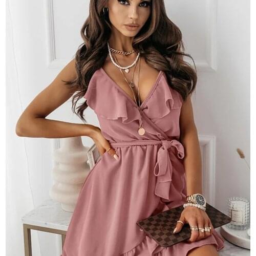 Summer Ruffle Lace up Mini Dress For Women 2021 Casual Solid Strap Dresses Sexy V-Neck Sleeveless Sling Party Beach Dresses Robe