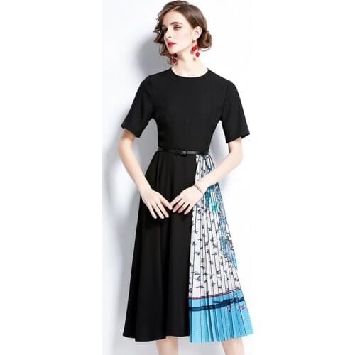 Summer Runway Design Retro Patchwork Print Pleated Midi Dress Women Short Sleeve Floral Print Elegant Office Ladies Work Dress k