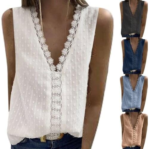2021 New Ladies Fashion Lace Jacquard Sleeveless Casual Slim Women T-Shirt V-Neck Plus Size Floral Vest