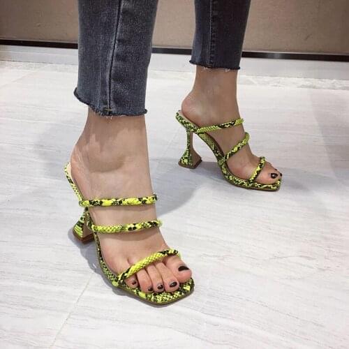 2021 New women slipper shoes green serpentine mules high heels woman open sandals strange heel narrow band ladies shoes