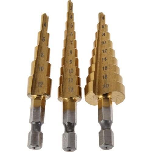 3pcs Hss Steel Titanium Step Drill Bits 4-12mm 4-20mm 3-12mm Step Cone Cutting Tools Steel Woodworking Wood Metal Drilling Set