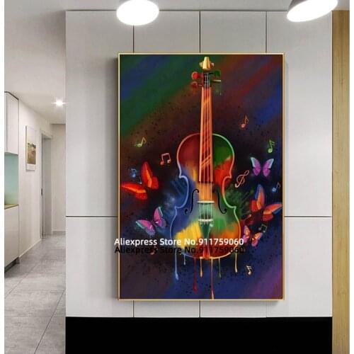 Music Wall Art Abstract Violin and Butterfly Painting Art Print on Canvas Colorful Poster Classroom Living Room Bedroom Decor