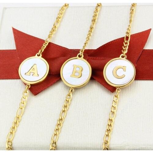 ALLNEWME Minimalist White Shell 26 Letters Pendant Bracelets for Women Titanium Steel Hollow Chunky Circle Bracelet Jewellery
