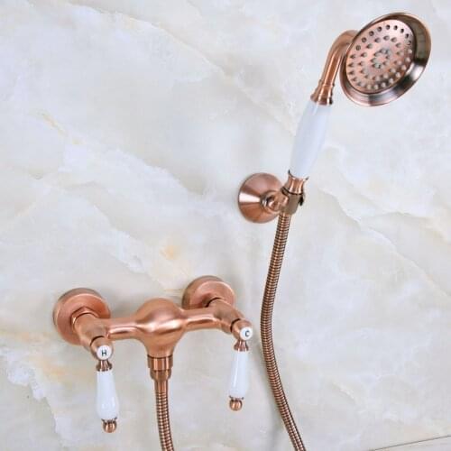 Antique Red Copper Brass Dual Ceramic Levers Handles Wall Mounted Bathroom Hand Held Shower Head Faucet Set Mixer Tap ana298