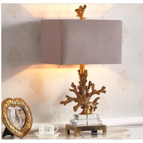 Free Shipping Coral Table Lamp Living Room Mediterranean Bedroom Bedside Table Lights Fabric Lampshade W36cm H68cm Home Lighting