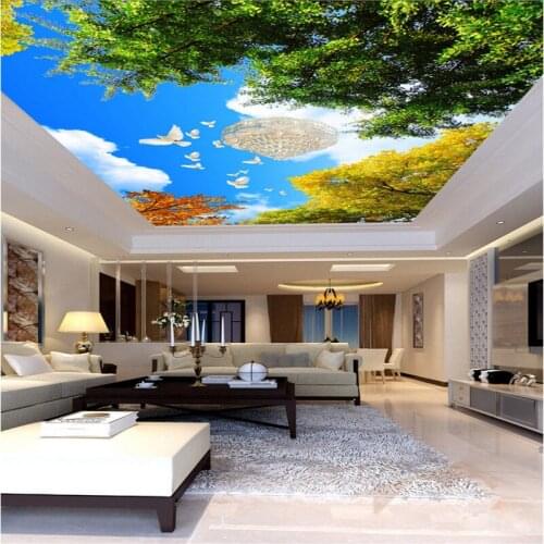 Beibehang Large custom wallpaper blue sky white clouds dazzling tree top living room bedroom ceiling roof fresco