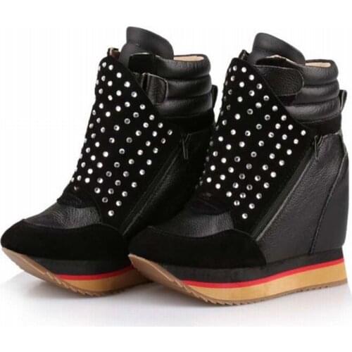 New fashion rhinestone round toe double zipper casual shoes platform wedges high heels ankle boots height increasing booties