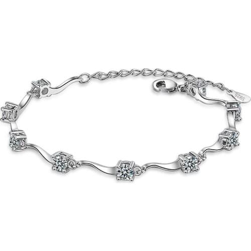 Luxury White Gold Plated Bracelets for Women Fashion Wave Chain with Four Claws Zircon Crystal Bracelets & Bangles Jewelry Gift