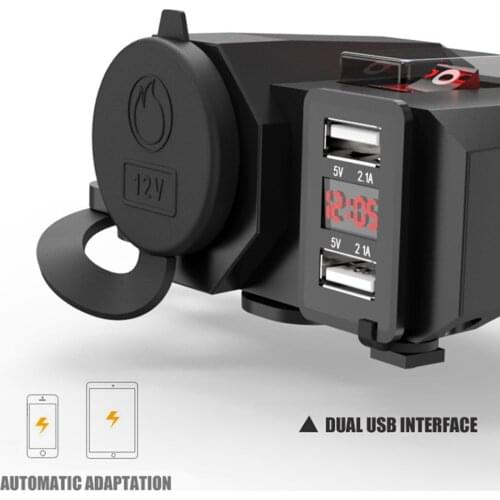 Dual USB Charger LED Voltmeter Cigarette Waterproof Handlebar Charger Socket with Switch Power Suitable For Mobile Cell Phone
