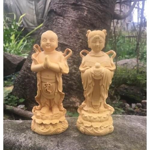 15CM Mythology boy and girl boxwood carving crafts Chinese home living room decoration ornaments solid wood classical figures