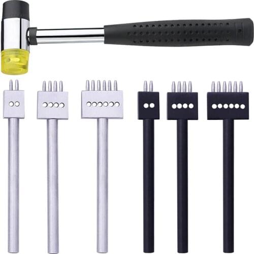 LMDZ 2 Colors 4mm Leather Craft Punching Tool 2/4/6 Prong Hole Row Circular Cut Stitched Hole Spacing Drilling with Nylon Hammer