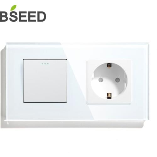 BSEED Button Switch 1Gang 1 Way 2 Way EU Standard Sockets And Switches With 3 Colors Crystal Glass Panel Home Improvement