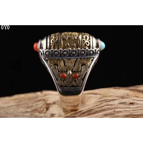 Sterling Silver Transit Ring S925 Men and Women Retro Style Dzi Bead Six Words Mantra Open Silver Ring