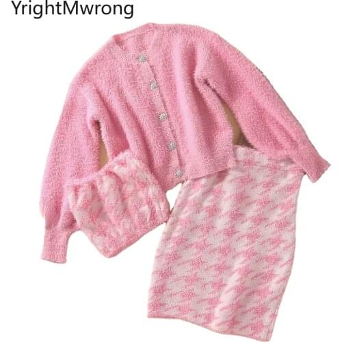 Two 3 Piece Set Faux Fur Fluffy Coat Rhinestone Diamond Button Sweater Outfit Houndstooth Plaid Sexy Tube Crop Top + Mini Skirt