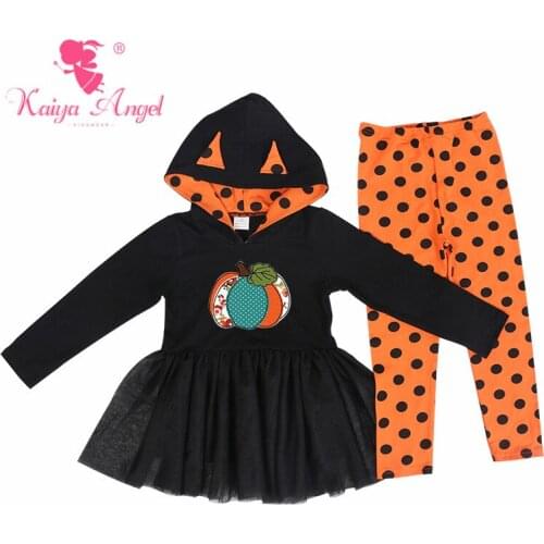 Kaiya Angel Halloween Toddler Girls Summer Cothing Set Orange Pumpkin Black Spots Cotton Mesh Fall Winter Clothes Wholesale
