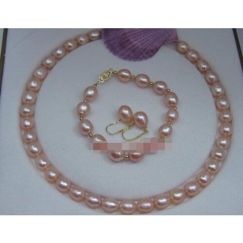 12x10 mm pink AAA Grade Akoya Pearl Jewelry Set Necklace Bracelet Earring