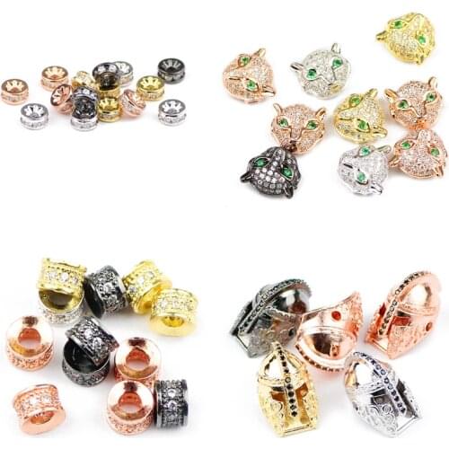 Fat Round Zircon leopard head helmet Pendant Copper tube Spacer beads cylinder Charms Loose bead for Jewelry bracelet making DIY