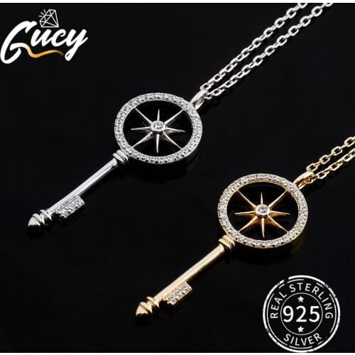 GUCY 925 Sterling Silver Five-Pointed Star key Pendant Gold Silver Color Iced Zircon Charm Pendant Necklace Women Jewelry