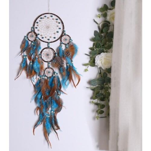 M17D 5 Rings Large Dream Catcher with Feather Boho Wall Hanging for Bedroom Dorm Living Room Decoration Ornament Gift