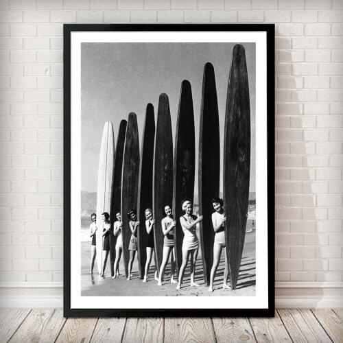 Models with Surf boards Posters and Prints Vintage Black White Photography Canvas Painting Nordic Wall Pictures for Living Room