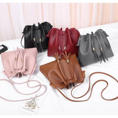 Fashion String Bucket Bag For Women PU Leather Small Handbag Female Tassel Purse Shoulder Crossbody Bags sac main femme