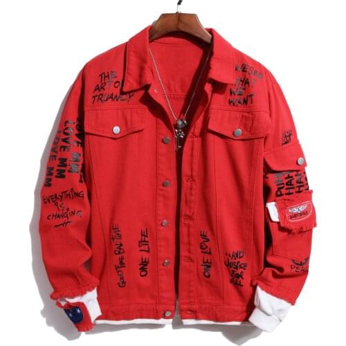 New men denim jacket red fake two-piece Long Sleeve printing Jeans Coats letter Casual cotton Plus Size pockets outerwear