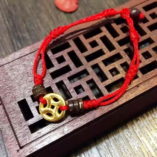 New Arrival Solid 24K Yellow Gold Coin Bracelet Handmade Weave Red String Bracelet