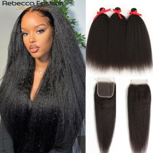 Rebecca Brazilian Yaki Straight Hair Bundles With Closure Remy Human Hair Weaves 3 Bundles With Closure