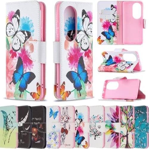 Luxury Painted Flip P40 Lite E Phone Case For Huawei P50 P30 P20 Pro Etui Full Protective Cover Leather Card Solt Stand Fundas