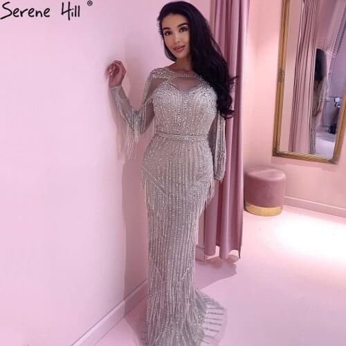Serene Hill Silver Muslim Luxury Evening Dresses Gowns 2021 Mermaid Beading Tassel Elegant For Woman Party LA71166