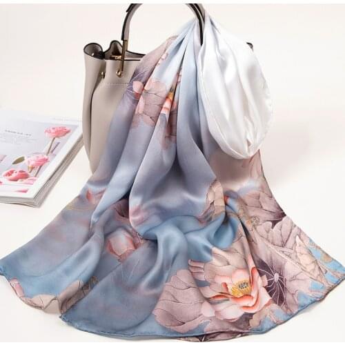 100% Silk Scarves Women Hangzhou Real Silk Scarf Wraps for Ladies Grey Printed Flowers Echarpe Long Natural Silk Foulard Femme