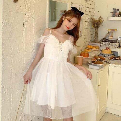 Net Red Korean Girls Chic Strap Skirt Waist Hugging Slimming Western Lace-up Dress Female Summer 2020 lolita fashion