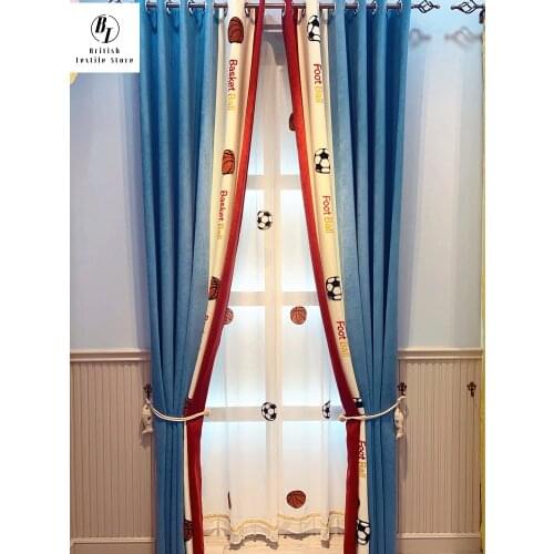 Nordic Childrens Room Curtains for Living Dining Room Bedroom Boy Cartoon Football Blue Mediterranean Bay Window Curtains