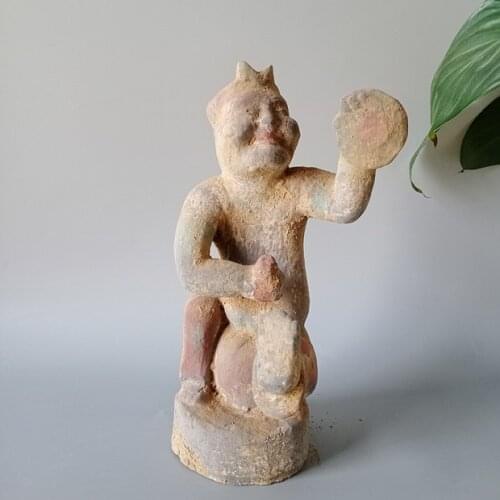 Three colored pottery figurines of the old Tang rap artist, playing gongs,#03