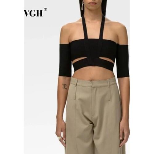 VGH Sexy Black Hollow Out Vests For Women Halter Short Sleeve Elastic Korean Slim Minimalist Tank Tops Female 2021 Fashion Style