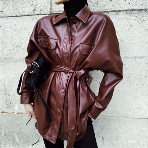 Mid-length Women Vintage Wine red Faux Leather Jacket Plus Belt Korean Long sleeve Casual Single Breasted PU Moto Biker Jacket