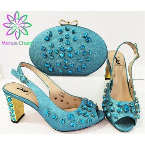 Retro Italian Lady Shoes and Bag to Match Blue Color Nigerian Women Shoes Matching Bag Comfortable Heels Sandals for Wedding