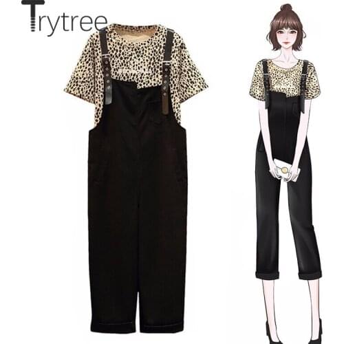 Trytree Summer Autumn Women two piece set Casual Leopard Tops + Bib Pants Loose Pockets Office Lady Skirt Suit Set 2 Piece Set