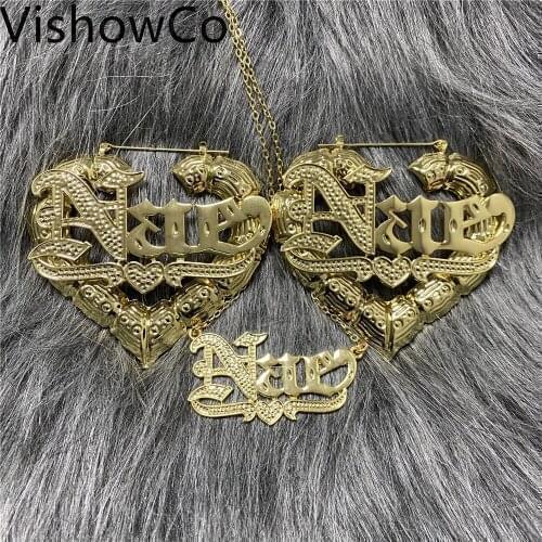 VishowCo Custom Name Necklace Personalized Stainless Steel Custom Name Earrings Heart Name Pendant Set For Women Gifts