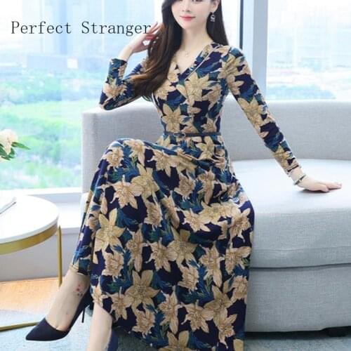 2021 Autumn New Arrival High Quality Retro V Collar Long Sleeve Collect Waist Flower Printed Women Long Dress With Belt