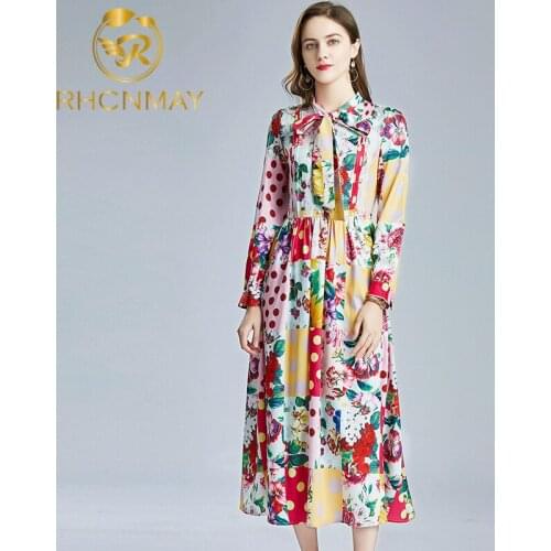 2021 New Womens printing Dress Bow Tie Neck Vintage Pleated Dress Long Sleeve High waist Tuck in printing casual Dress