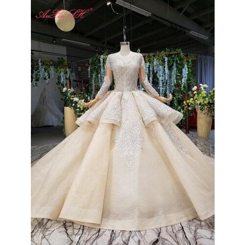 AnXin SH Luxury princess flower champagne lace ruffles o neck beading crystal white long sleeve wedding dress 100% real photo