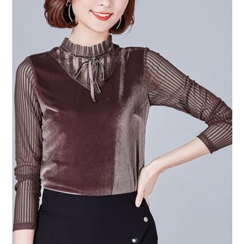 Winter Fall Casual Women Mesh Patchwork Long Sleeve 3xl Velour Tee Shirt , Tops For Woman , Mandarin Collar Fleece Bow T Shirts