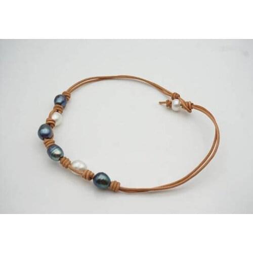 2018 New Arriver 9-11mm Big Size Rice Pearl Necklace White Black Freshwater Pearl Leather Necklace Wedding Gift For Woman