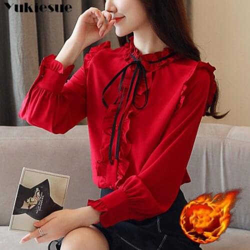 2019 winter warm thick women clothing long sleeve bow tie women shirts Korean chiffon blouse shirt women blouse Plus size