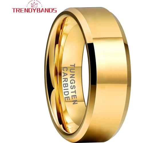 8MM 6MM Gold Tungsten Carbide Engagement Rings For Women Men Wedding Band Beveled Edges High Polished Shiny Comfort Fit
