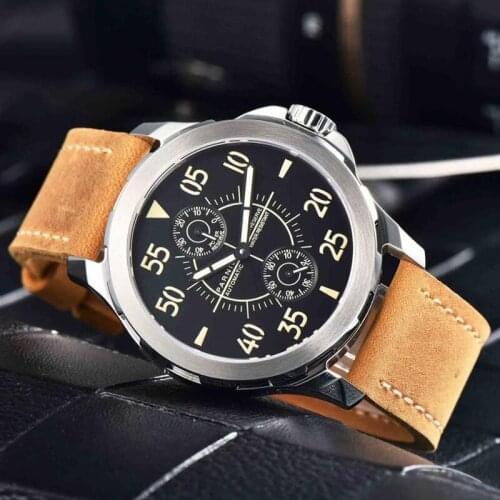 Parnis 44mm Automatic Watch Men Mechanical Wrist Watch Luminous Waterproof Power Reserve Auto Date Leather Strap Mens Watch