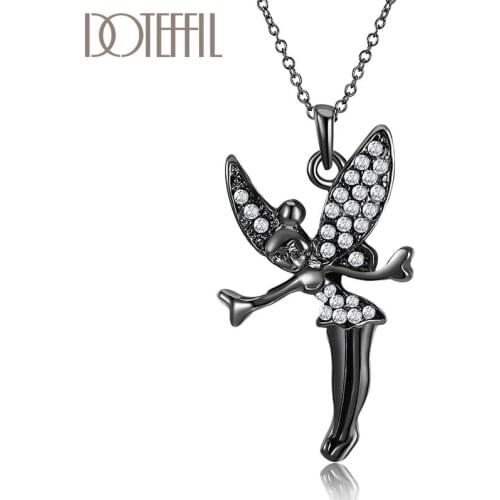 DOTEFFIL 925 Sterling Silver/Rose Gold/Black Angel 18 Inch AAA Zircon Necklace For Women Fashion Wedding Party Charm Jewelry