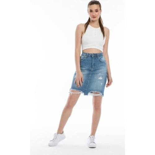 Women Summer Fashion Elastic High Waist Denim Short Jeans Skirt Ripped Detailed Young Girl Street Turkish Quality