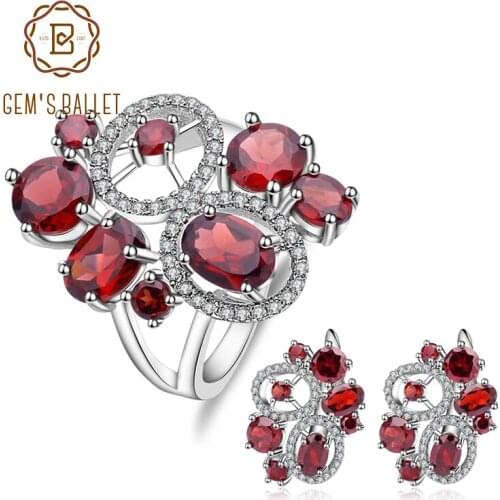 GEMS BALLET Natural Red Garnet Vintage Flower Jewelry Set 925 Sterling Silver Earrings Ring Sets For Women Gemstone Jewelry